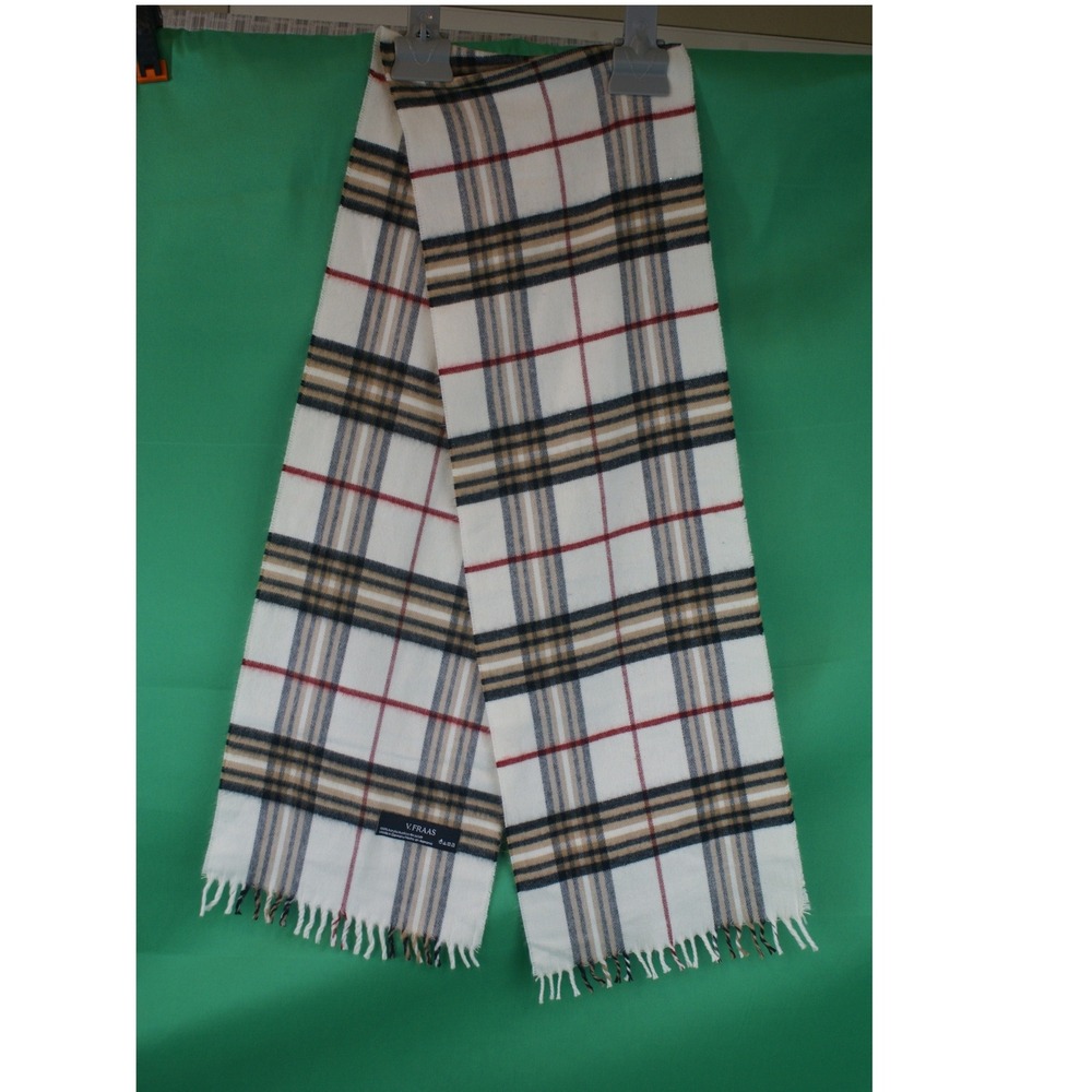 V. Fraas Cashmink Plaid Scarf Cream Black Tan Red Check Fringe Made in Germany